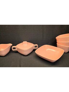 Vintage MCM Pink Melmac Melamine Plastic Dish Set Cup Creamer Sugar Bowl